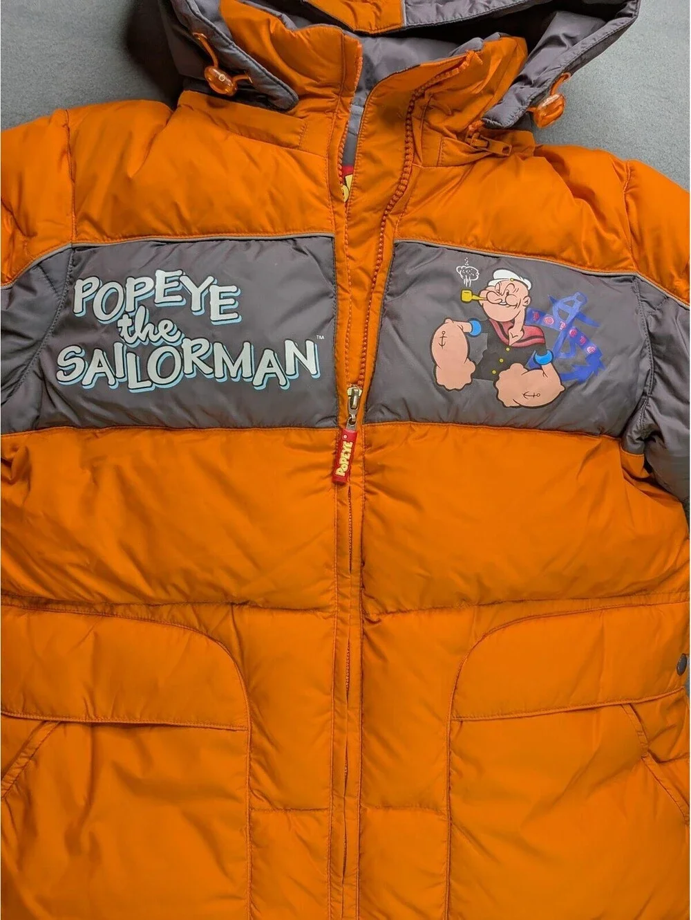 VTG Popeye Puffer Jacket Kids 7-8 Orange Gray Hooded Vintage Cartoon Winter Logo